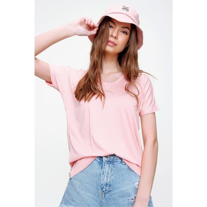 T-Shirt Basique Col V- Rose Poudré