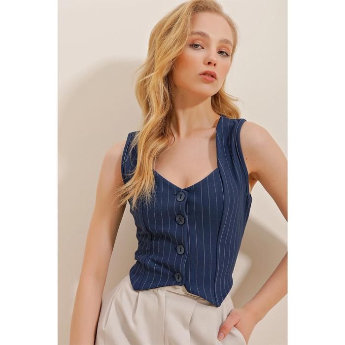 Gilet Rayé Boutonné Col Coeur- Bleu Marine