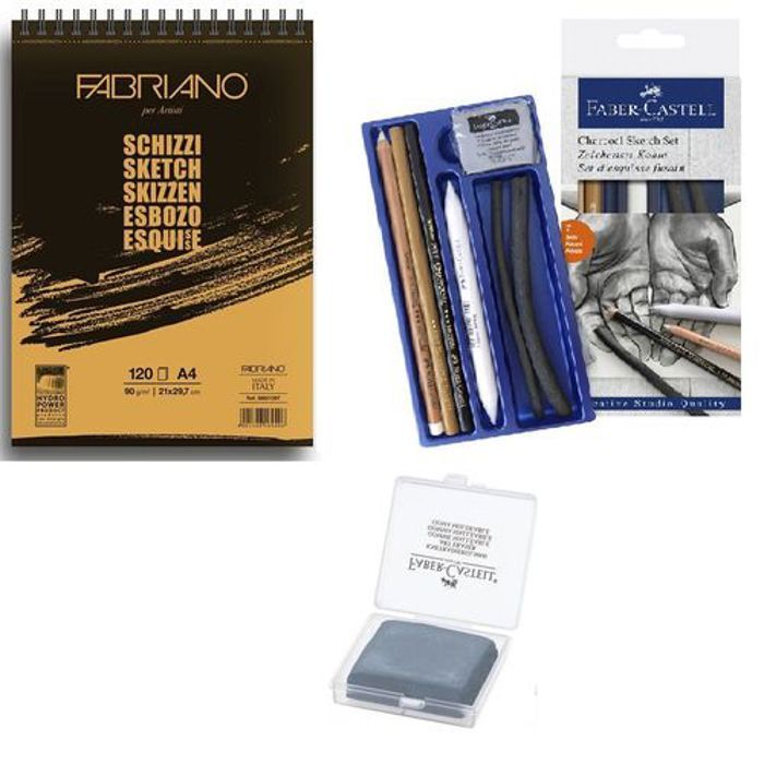 Assortiment complet 100% Dessin Fusain,Gommes ,Fabiano A4 Croquis