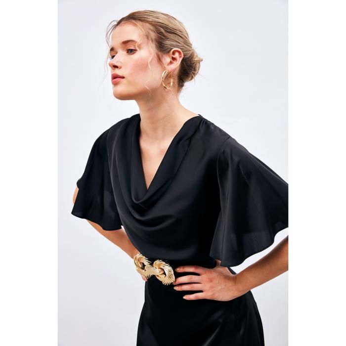 SATEEN- Blouse Fluide en Satin à Col Plongeant - NOIR