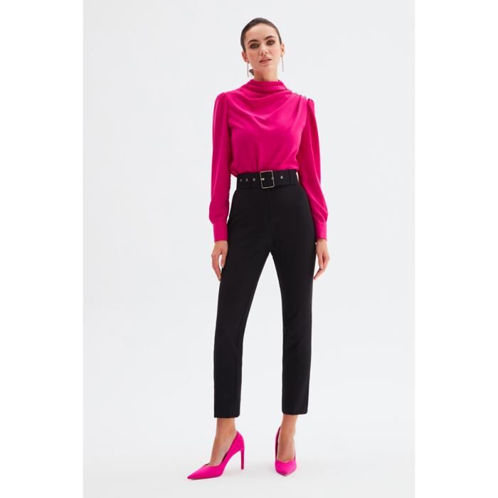 Pantalon Taille Haute Ceinturé en Satin - Noir- SATEEN- 2029-5506