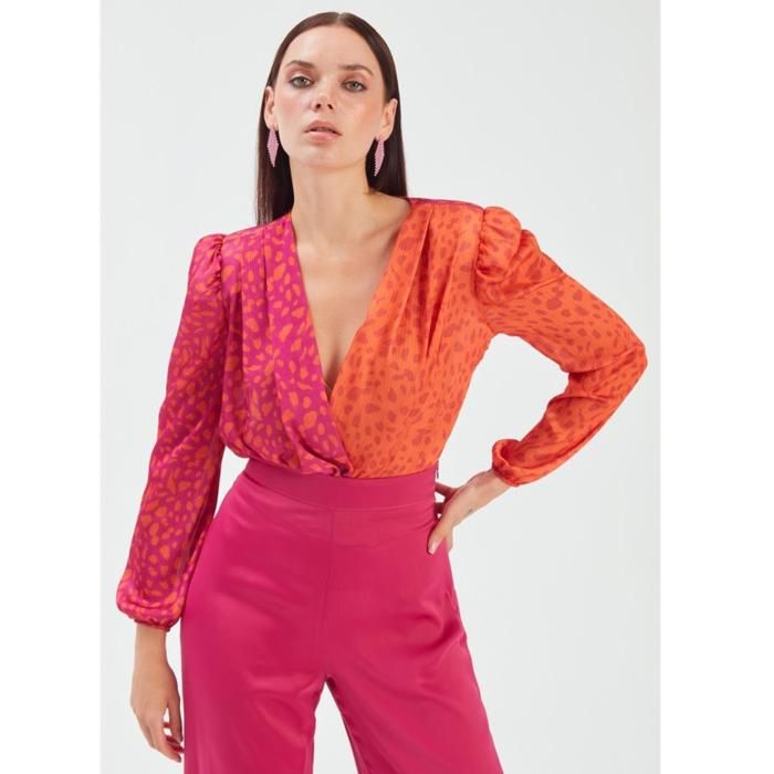 SATEEN- Blouse croisée à motifs contrastés pour femme Orange-Fuchsia 947-1040