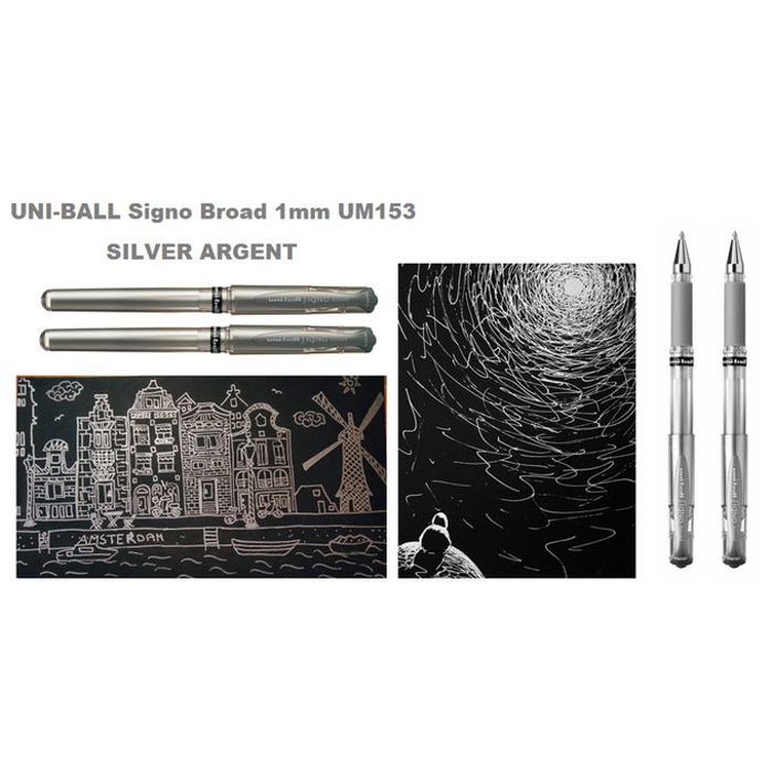 2 Stylos Roller à Gel Argent SIGNO UM-153,Pointe métal 1 mm,Largeur Trais 0,65mm