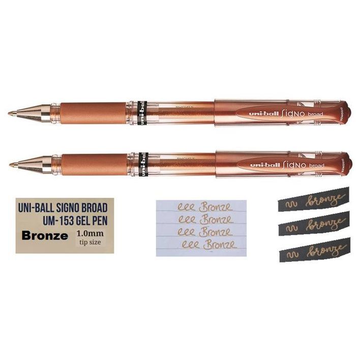 2 Stylos Roller à Gel Bronze SIGNO UM-153,Pointe métal 1 mm,Largeur Trais 0,65mm