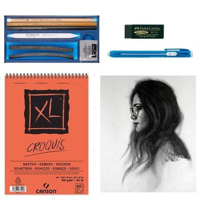 Gommes , Assortiment complet 100% Dessin Fusain,,Estompe et Mini Carnet Croquis