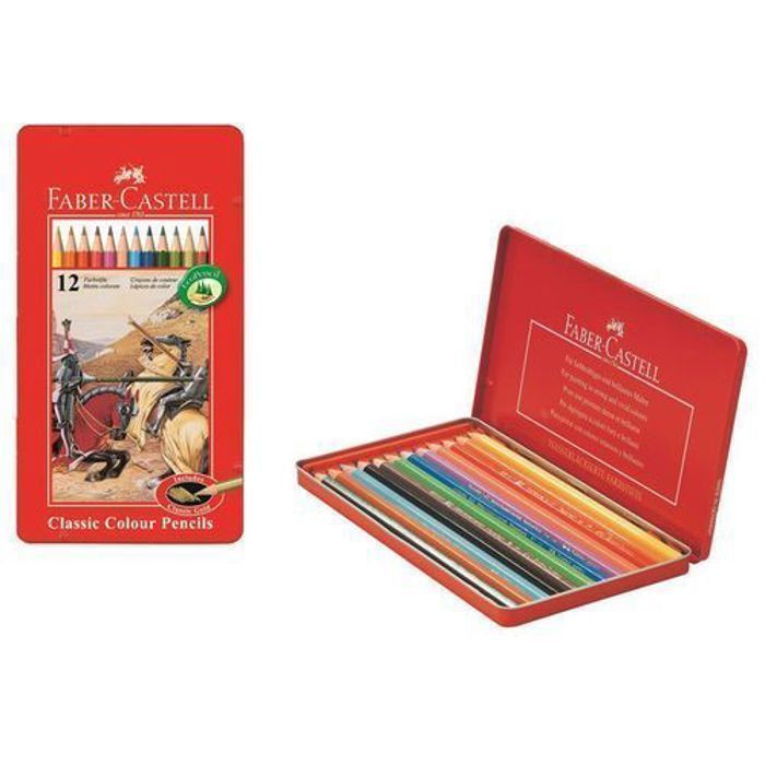 12 Crayons En Bois hexagonaux Classiques en Boite Métallique  -  marque Faber Castell