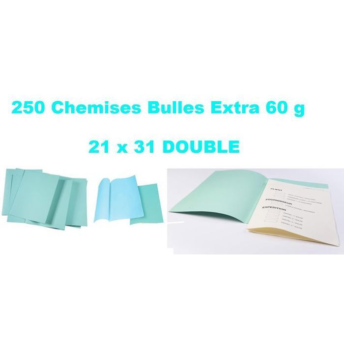 Paquet 250 Sous Chemises bulle Velin Extra double 60g - 21X31cm,Bleu Ciel