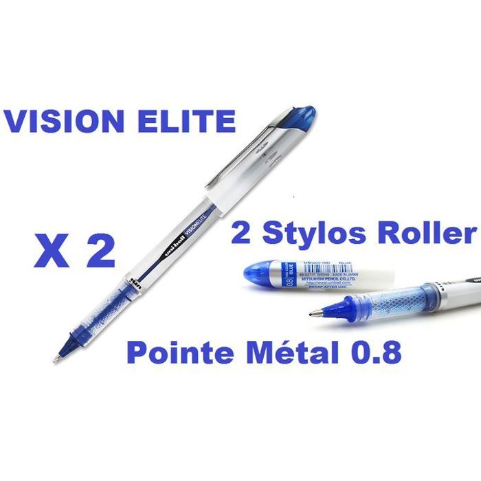2 Stylos roller pointe métal 0.8 Encre Bleu VISION ELITE,Ecriture Parfaite