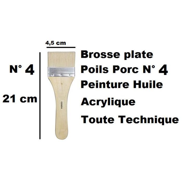 Pinceau Brosse plate poils porc N° 4,Peinture huile, Acrylique,Toute Technique