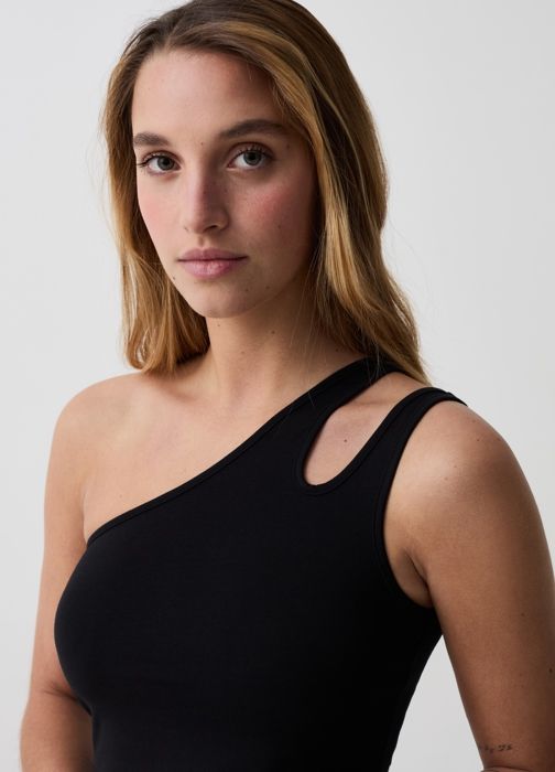 Débardeur Crop top à une épaule dénudée avec découpes- Noir
