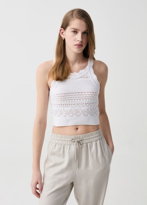 Débardeur Crop Top - OVS - Blanc - 100% coton - Design au crochet - Col licou