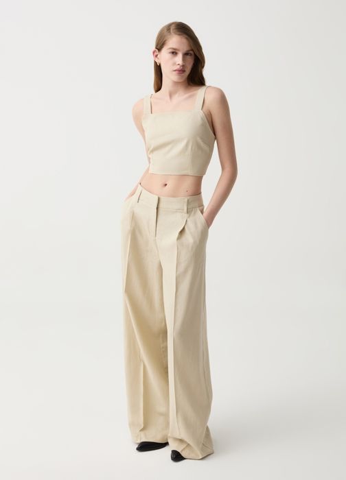 Débardeur Crop Top - OVS - Natural - Lin et Viscose - Bretelles larges - Ouverture en larme