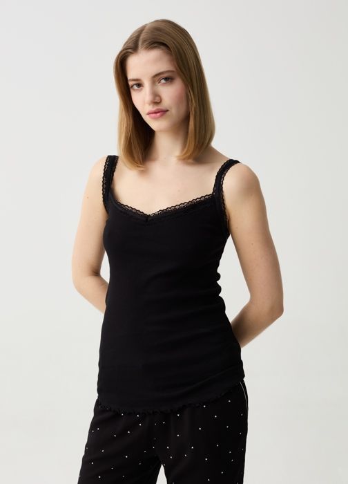 Débardeur - OVS - Noir - Col en V - 100% Coton Biologique - Bordures en Dentelle