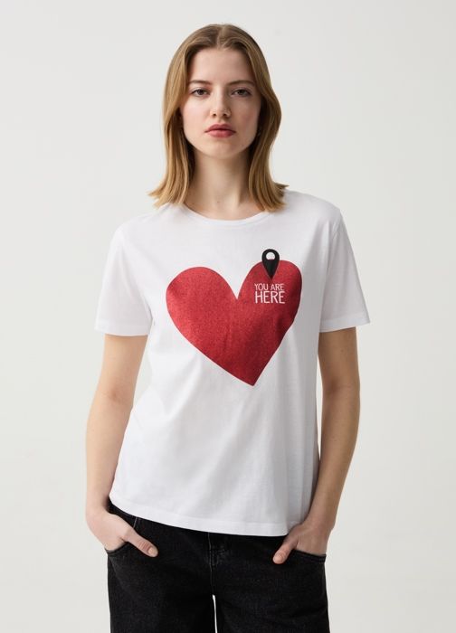 T-shirt - OVS - Blanc - 100% Coton - Manches Courtes - Imprimé Coeur Pailleté
