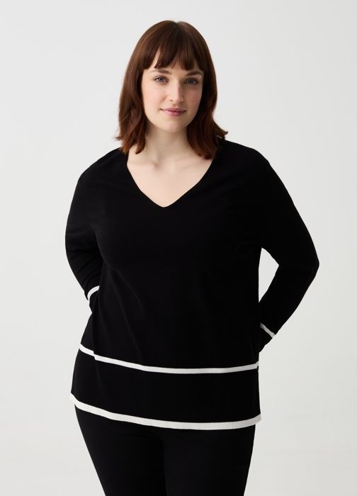 Pull Femme - OVS - Noir - Col en V - Manches longues - Motif rayé