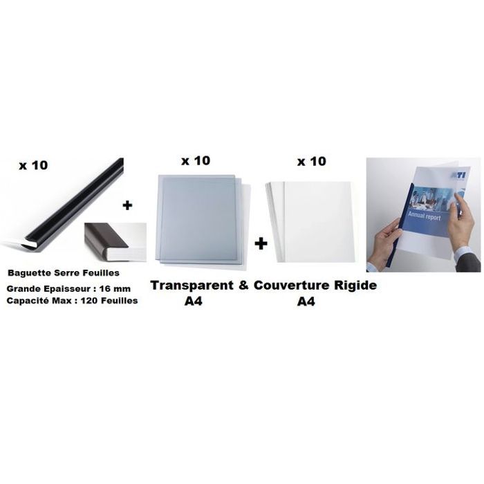 10 Set Reliure A4 Capacité 120 Feuilles: Baguette+Transparent+Couverture Rigide