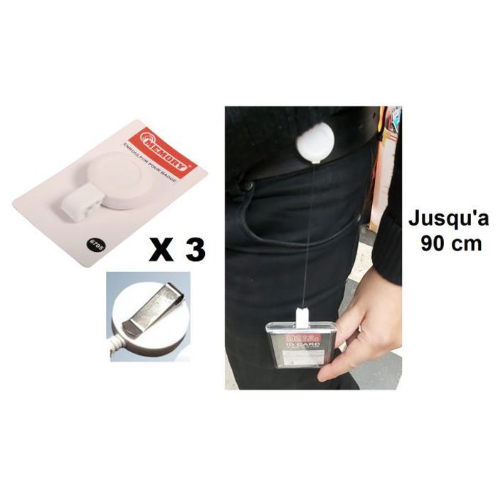 3 Porte-badge avec enrouleur et Bouton pression,Clip Métal,Élastique Solide 90cm