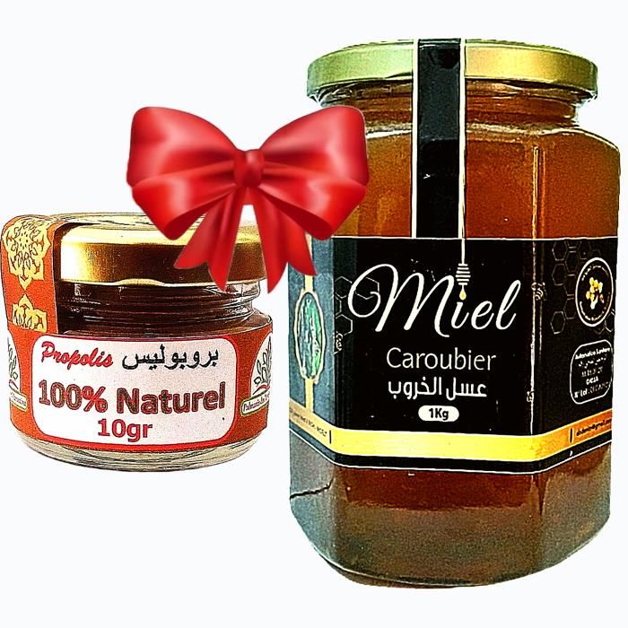 Miel caroubier (Helicobacter pylori ballonnement digestion) 100% naturel 1kg + Propolis 10g (défense naturel, système immunitaire)