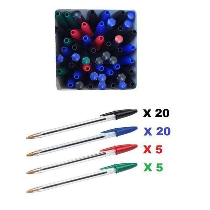 Lot 50 Stylos-Bille Pointe Moyenne (1 mm) -20 bleu- 20 noir- 5 rouge- 5 vert-