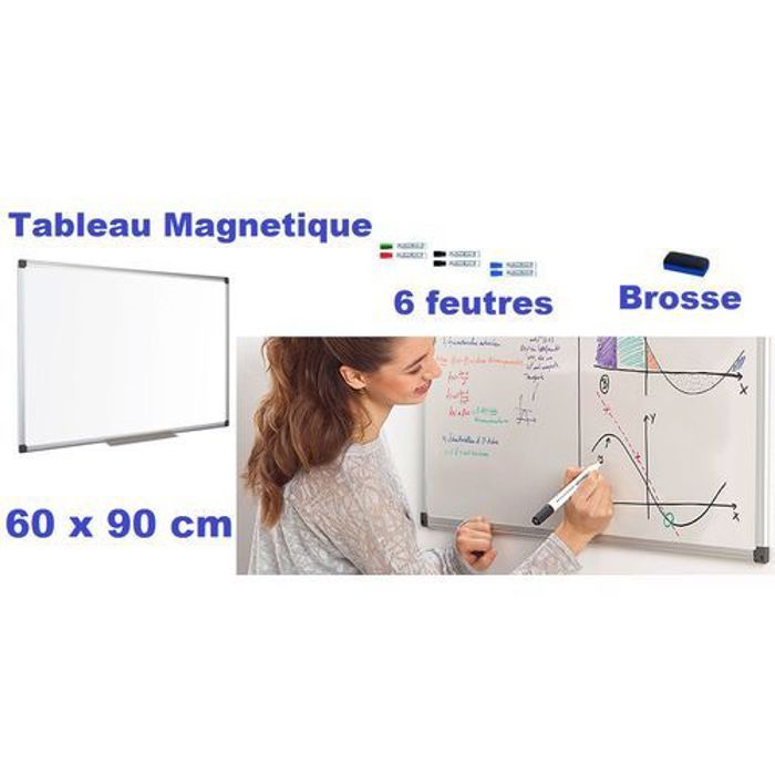 Tableau Magnétique Blanc 60 x 90cm + 6 feutres effaçable + Brosse