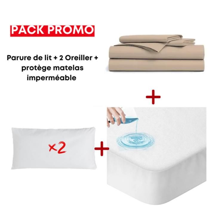 Pack Lit parure + protege matelas + 2 oreillers 160/200/30