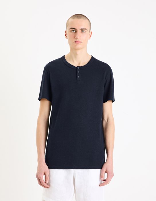T-shirt col henley en lin melangé