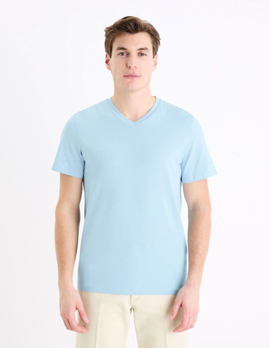 T-shirt - Non spécifié - Col V - 100% coton - Manches courtes - AIR BLUE