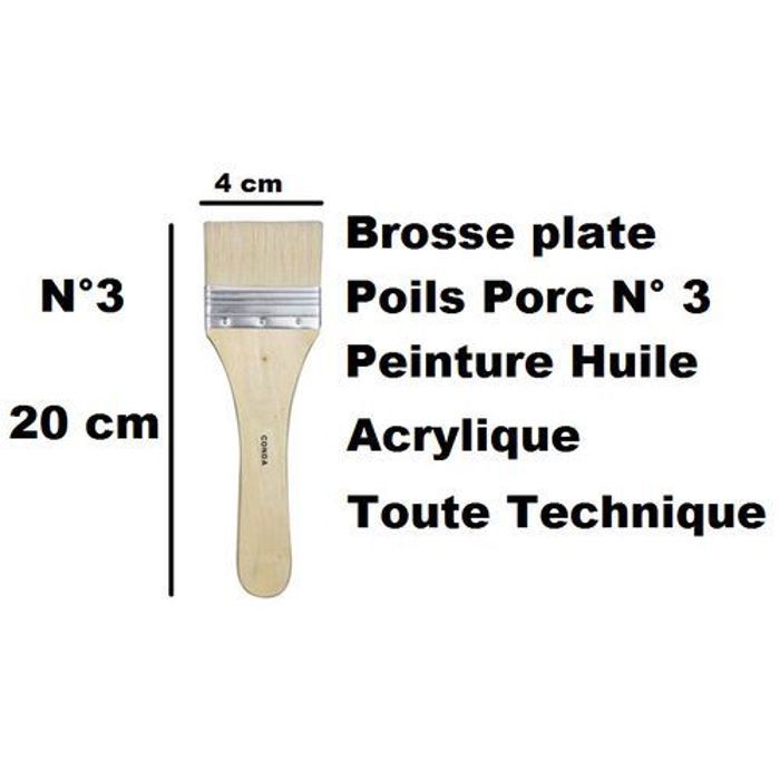 Pinceau Brosse plate poils porc N° 3,Peinture huile, Acrylique,Toute Technique
