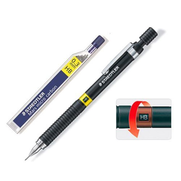 Porte mine mécanique avec gomme et Etui de 12 mines -Graphite 925 HB, 0,3 mm,