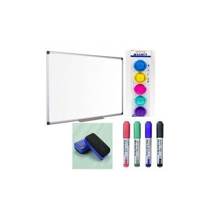 Tableaux Magnétique Blanc avec 4 feutres effaçables et Brosse- 5 aimants 40 cm x 60 cm