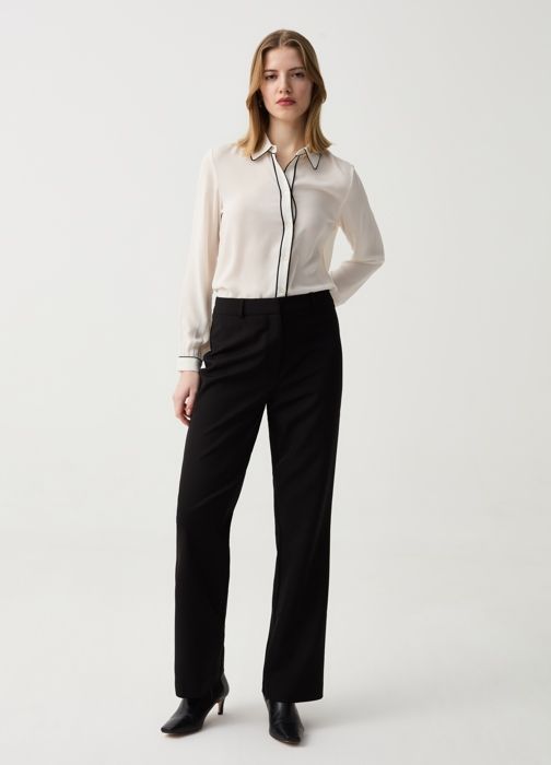 OVS- Pantalon Évasé Noir en Tissu Stretch