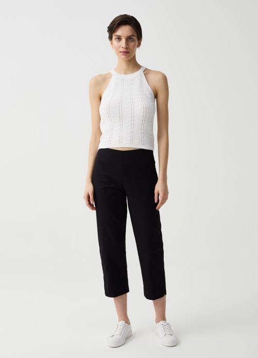 Pantalon Slim - OVS - Noir - Taille Haute - Coton Stretch - Fentes Latérales