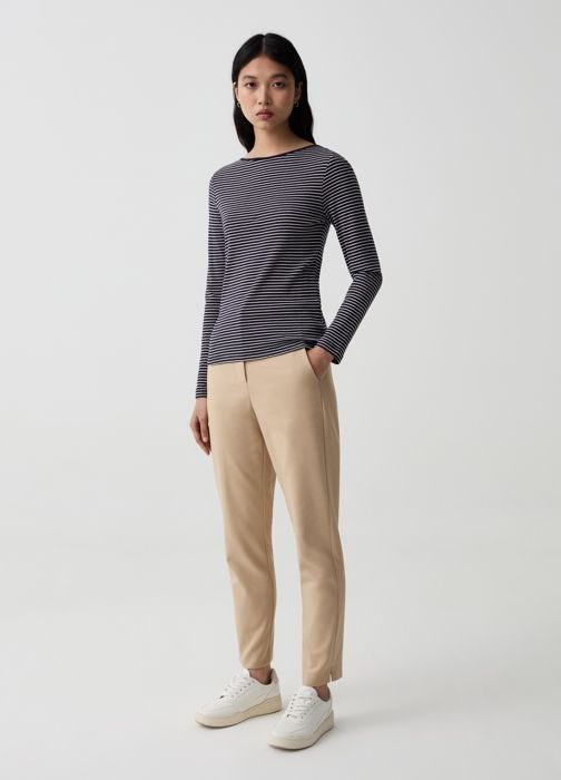Pantalon Slim - OVS - Beige - Taille Haute - Coton Extensible - Coupe Courte