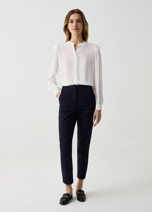 OVS- Pantalon Coupe Slim Coupe Courte en Tissu Stretch Bleu Marine