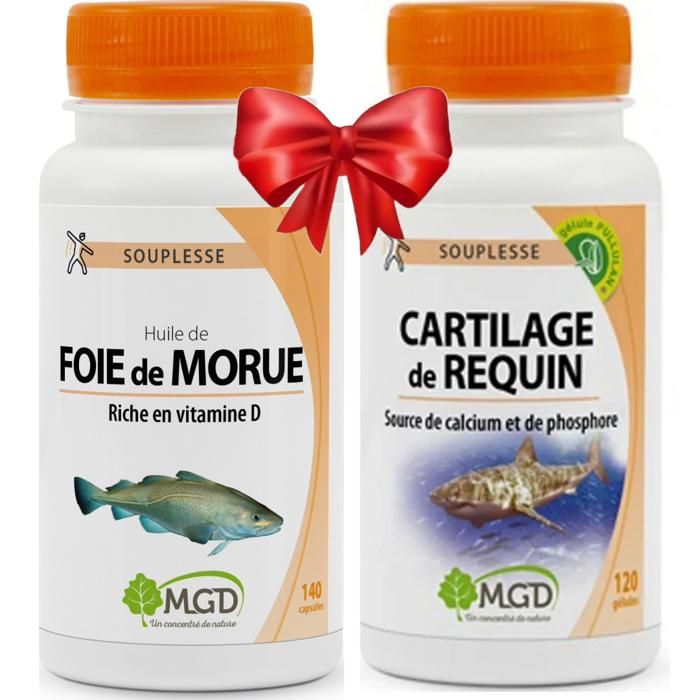 Cartilage de Requin 120 gélules + Huile de foie de morue Riche en Vitamine D Vitamine A 140 capsules