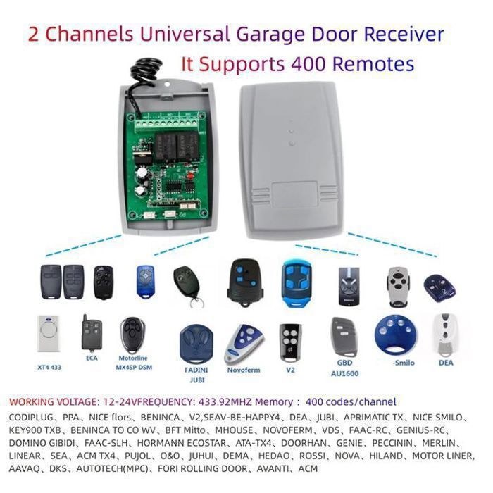 Récepteur universel pour porte de Garage de 2 canaux 433MHZ code fixe et Code de roulement