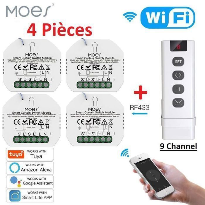 Moes 4 Interrupteur WiFi et Telecommande RF433 pour rideaux volet roulant Tuya Google Home Alexa Voice