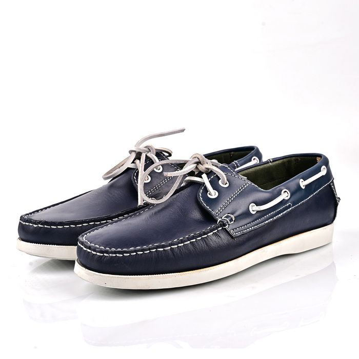 Mocassin PACIONO  Bateau en Cuir Bleu MARINE Claire Avec Lacet Blanc