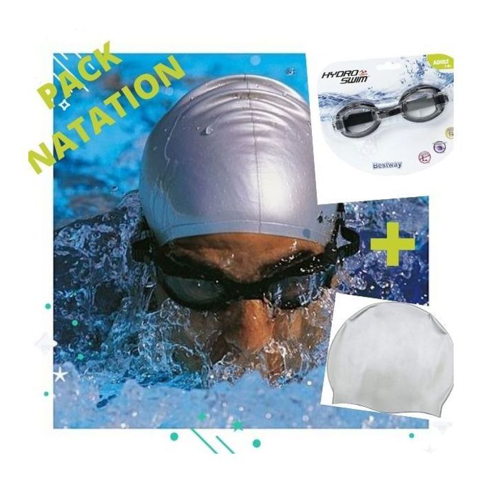 Pack Natation Lunettes Noir + Bonnet Gris De Bon Qualité