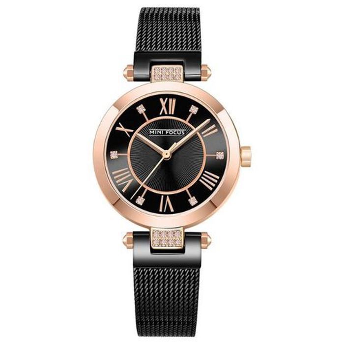 Montre Mini Focus Bracelet En Maille Fine Avec Strass Pour Femmes Noir