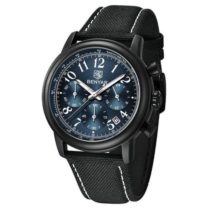 Montre Benyar Bracelet Noir Chronographe Pour Hommes Mouvement Quartz Bleu