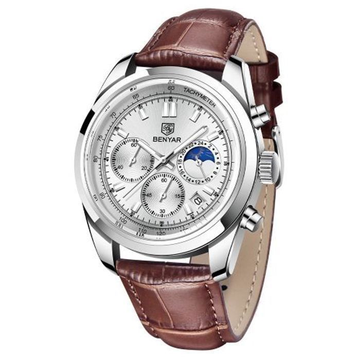 Montre Benyar Bracelet En Cuir Marron Quartz Pour Hommes Etanche Chronographe