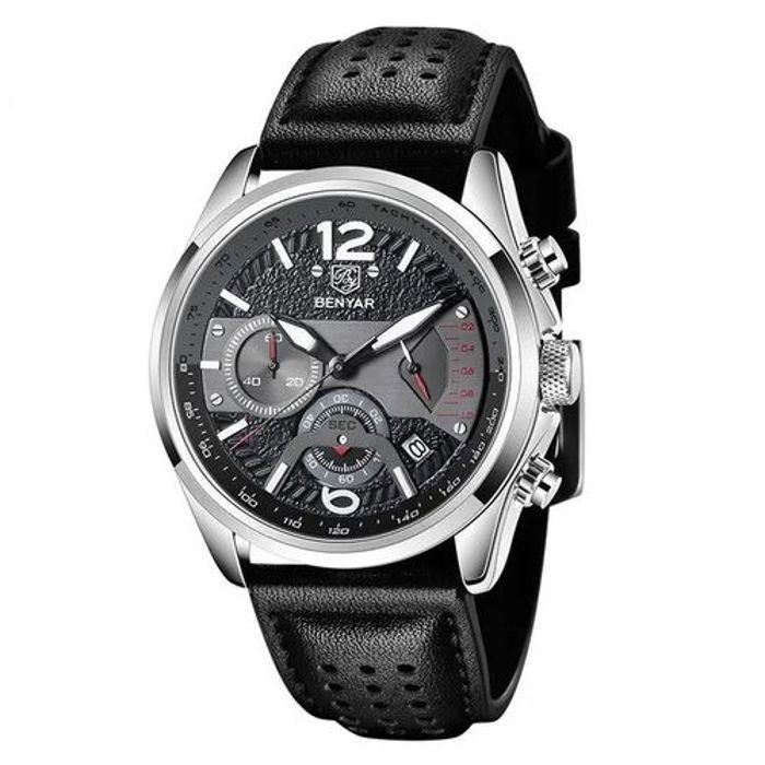 Montre Benyar Bracelet En Cuir Noir Quartz Pour Hommes Etanche Chronographe