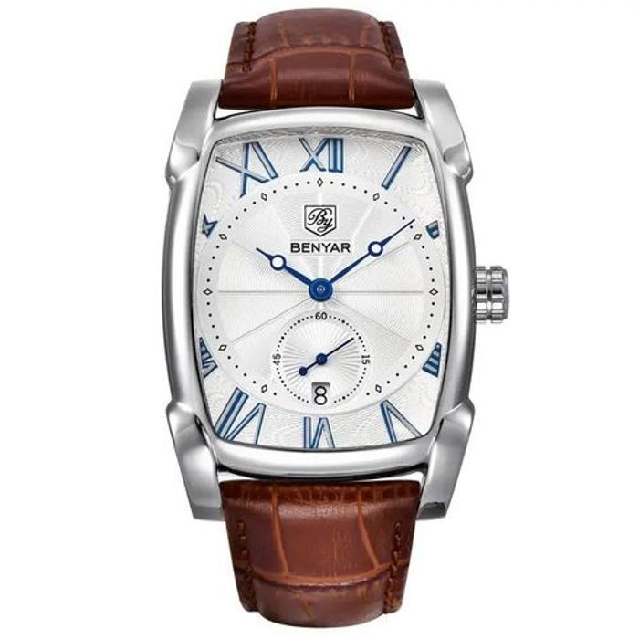 Montre Benyar Bracelet En Cuir Marron Classique Cadran Argent Pour Hommes