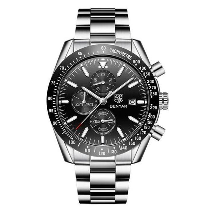 Montre Benyar Bracelet Argent Pour Hommes Chronographe Cadran Noir