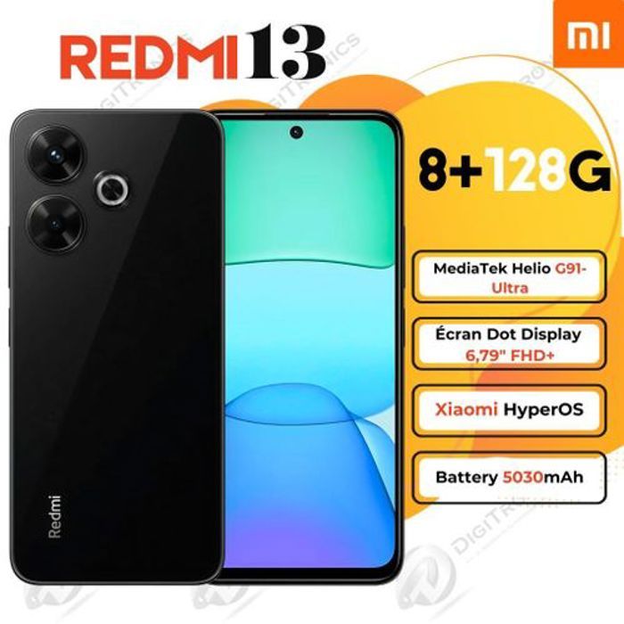 XIAOMI Redmi 13 Smartphone 8+128Go Noir Caméra 108 MP Écran 6,79" 90Hz MediaTek Helio G91-Ultra 5030mAh Batterie Charge Rapide 33W