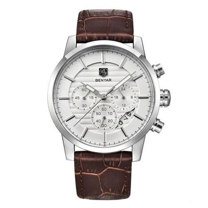 Montre Benyar Bracelet En Cuir Marron Quartz Pour Hommes Etanche Chronographe
