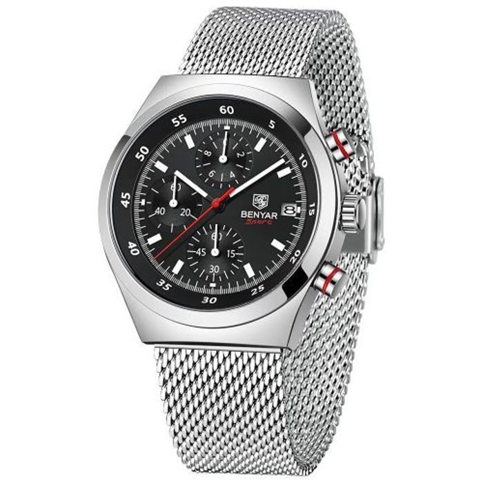 Montre Benyar Bracelet En Argent Quartz Pour Hommes Etanche Chronographe Noir