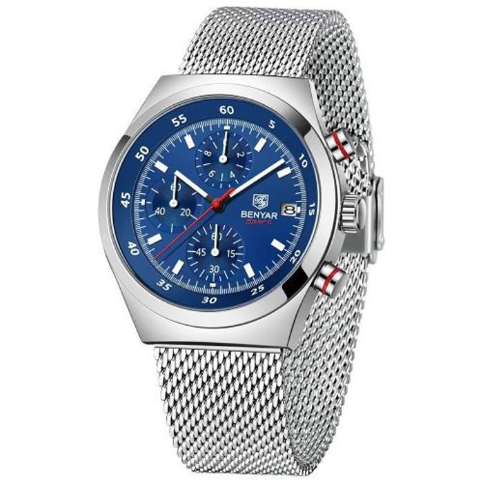 Montre Benyar Bracelet En Argent Quartz Pour Hommes Etanche Chronographe Bleu