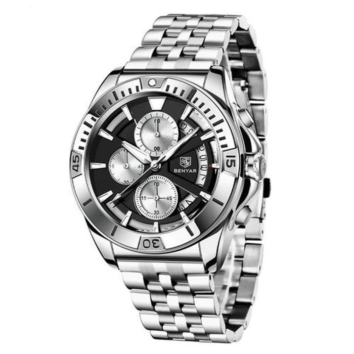 Montre Benyar Bracelet Argent Pour Hommes Quartz Chronographe Noir